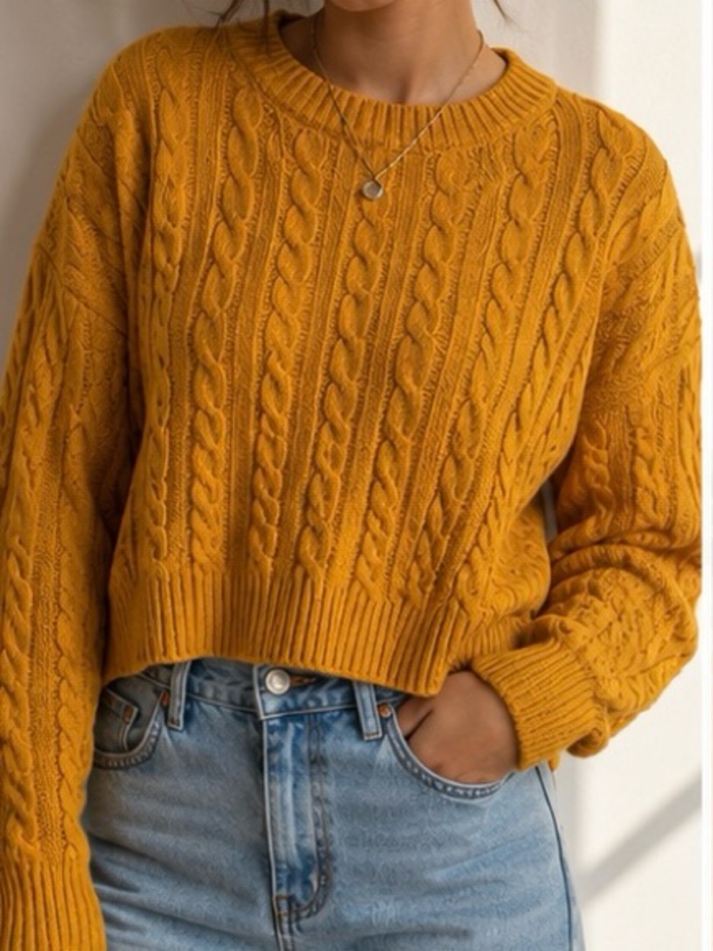 Forever 21 Mustard Yellow Cable Knit Cropped Sweater
